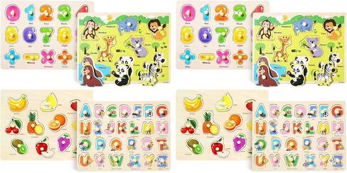 GRINNNIE Wooden Peg Puzzle for Toddlers 2 3 4 Years Old, 4 PCS Montessori Educational Learning Puzzles Set-Numbers, Letters, Animals and Fruits, Great Preschool Gifts for Girls and Boys in Saudi Arabia