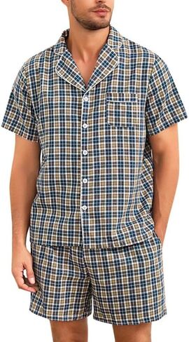 Marvmys Mens 100% Cotton Pajama Set Sleepwear Short Sleeve Pj Set Button Down Lounge Set Plaid Pajamas S-3XL in Kuwait