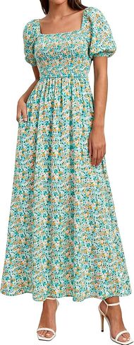 BTFBM Spring Summer Dresses for Women 2026 Puff Short Sleeve Smocked Floral Print Boho Beach Wedding Guest Maxi Dress in Saudi Arabia