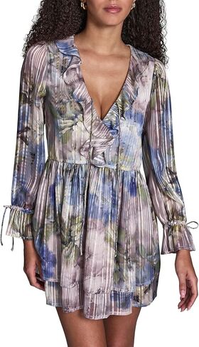 BCBG Womens Long Sleeve V-Neck Chiffon A-line Mini Dress in Kuwait