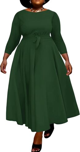 Runwind Casual Plus Size Long Maxi Dress for Curvy Women Crew Neck 3/4 Sleeve Wedding Guest Dresses with Belt & Pockets in Kuwait