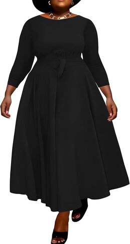 Runwind Casual Plus Size Long Maxi Dress for Curvy Women Crew Neck 3/4 Sleeve Wedding Guest Dresses with Belt & Pockets in Saudi Arabia