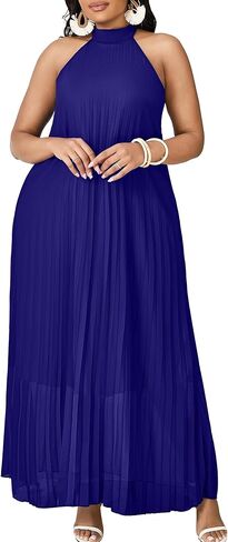 FANDEE Maxi Dress for Women Plus Size Casual Sleeveless Chiffon Halter Neck Pleated Loose Long Dresses in Kuwait