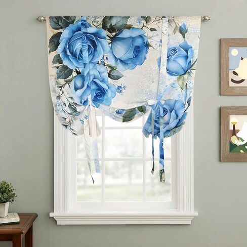 Blue Flower Spring Tie Up Curtains for Window, Rose Leaves Garden Pastoral Retro Thermal Insulated Balloon Shade Adjustable Rod Pocket Curtains Valance Panels for Kitchen Bathroom Café 52'' x 63'' in Saudi Arabia