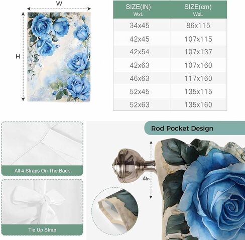 Blue Flower Spring Tie Up Curtains for Window, Rose Leaves Garden Pastoral Retro Thermal Insulated Balloon Shade Adjustable Rod Pocket Curtains Valance Panels for Kitchen Bathroom Café 52'' x 63'' in Saudi Arabia