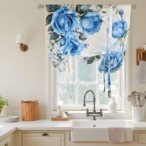 Blue Flower Spring Tie Up Curtains for Window, Rose Leaves Garden Pastoral Retro Thermal Insulated Balloon Shade Adjustable Rod Pocket Curtains Valance Panels for Kitchen Bathroom Café 52'' x 63'' in Saudi Arabia