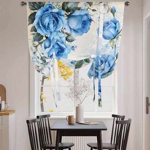 Blue Flower Spring Tie Up Curtains for Window, Rose Leaves Garden Pastoral Retro Thermal Insulated Balloon Shade Adjustable Rod Pocket Curtains Valance Panels for Kitchen Bathroom Café 52'' x 63'' in Saudi Arabia