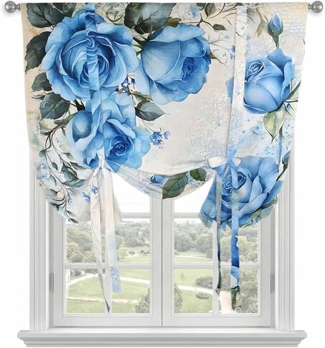 Blue Flower Spring Tie Up Curtains for Window, Rose Leaves Garden Pastoral Retro Thermal Insulated Balloon Shade Adjustable Rod Pocket Curtains Valance Panels for Kitchen Bathroom Café 52'' x 63'' in Saudi Arabia