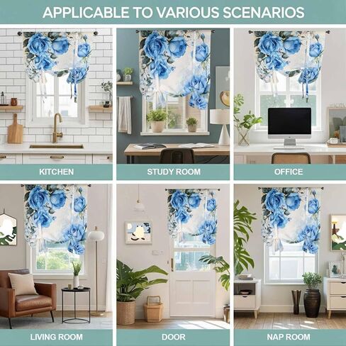 Blue Flower Spring Tie Up Curtains for Window, Rose Leaves Garden Pastoral Retro Thermal Insulated Balloon Shade Adjustable Rod Pocket Curtains Valance Panels for Kitchen Bathroom Café 52'' x 63'' in Saudi Arabia