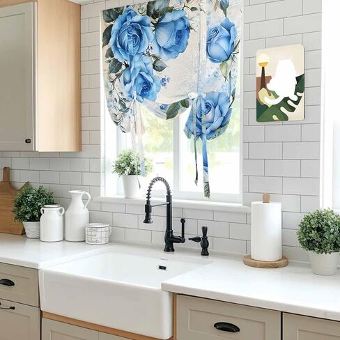Blue Flower Spring Tie Up Curtains for Window, Rose Leaves Garden Pastoral Retro Thermal Insulated Balloon Shade Adjustable Rod Pocket Curtains Valance Panels for Kitchen Bathroom Café 52'' x 63'' in Saudi Arabia