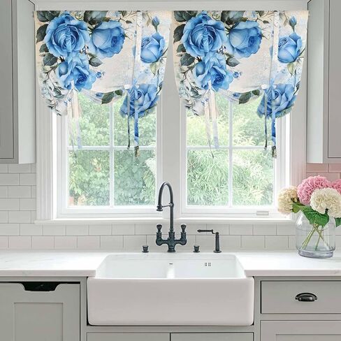 Blue Flower Spring Tie Up Curtains for Window, Rose Leaves Garden Pastoral Retro Thermal Insulated Balloon Shade Adjustable Rod Pocket Curtains Valance Panels for Kitchen Bathroom Café 52'' x 63'' in Saudi Arabia