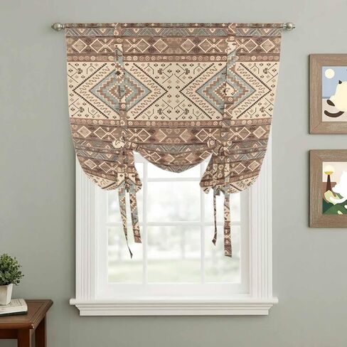 Brown Geometric Tie Up Curtains for Window, Modern Ethnic Southwest Vintage Thermal Insulated Balloon Shade Adjustable Rod Pocket Curtains Valance Panels for Kitchen Bathroom Café 34'' x 45'' in Saudi Arabia