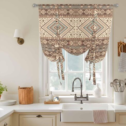 Brown Geometric Tie Up Curtains for Window, Modern Ethnic Southwest Vintage Thermal Insulated Balloon Shade Adjustable Rod Pocket Curtains Valance Panels for Kitchen Bathroom Café 34'' x 45'' in Saudi Arabia