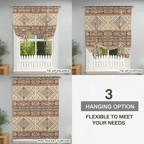 Brown Geometric Tie Up Curtains for Window, Modern Ethnic Southwest Vintage Thermal Insulated Balloon Shade Adjustable Rod Pocket Curtains Valance Panels for Kitchen Bathroom Café 34'' x 45'' in Saudi Arabia