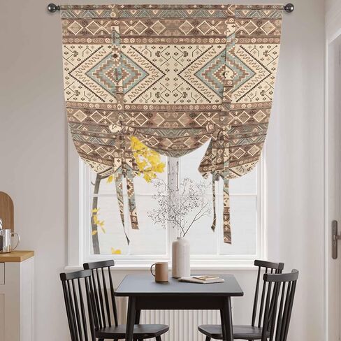 Brown Geometric Tie Up Curtains for Window, Modern Ethnic Southwest Vintage Thermal Insulated Balloon Shade Adjustable Rod Pocket Curtains Valance Panels for Kitchen Bathroom Café 34'' x 45'' in Saudi Arabia