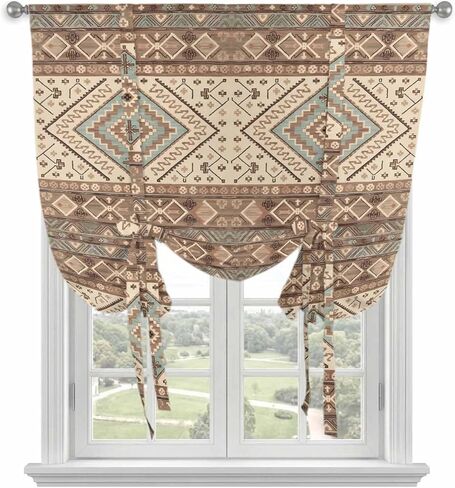 Brown Geometric Tie Up Curtains for Window, Modern Ethnic Southwest Vintage Thermal Insulated Balloon Shade Adjustable Rod Pocket Curtains Valance Panels for Kitchen Bathroom Café 34'' x 45'' in Saudi Arabia