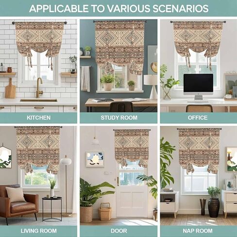 Brown Geometric Tie Up Curtains for Window, Modern Ethnic Southwest Vintage Thermal Insulated Balloon Shade Adjustable Rod Pocket Curtains Valance Panels for Kitchen Bathroom Café 34'' x 45'' in Saudi Arabia
