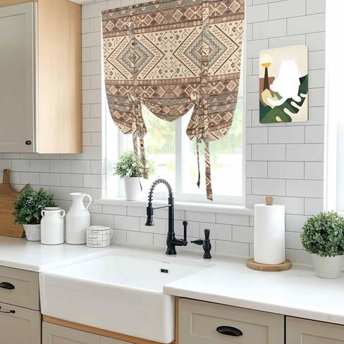 Brown Geometric Tie Up Curtains for Window, Modern Ethnic Southwest Vintage Thermal Insulated Balloon Shade Adjustable Rod Pocket Curtains Valance Panels for Kitchen Bathroom Café 34'' x 45'' in Saudi Arabia