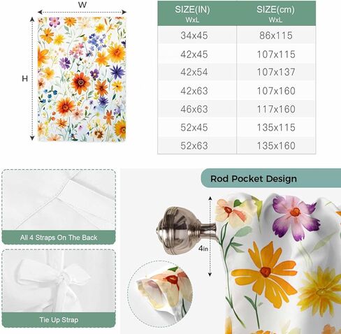 Spring Wildflowers Tie Up Curtains for Window, Leaves Pastoral Botanical Country Thermal Insulated Balloon Shade Adjustable Rod Pocket Curtains Valance Panels for Kitchen Bathroom Café 46'' x 63'' in Saudi Arabia