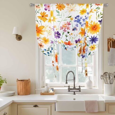 Spring Wildflowers Tie Up Curtains for Window, Leaves Pastoral Botanical Country Thermal Insulated Balloon Shade Adjustable Rod Pocket Curtains Valance Panels for Kitchen Bathroom Café 46'' x 63'' in Saudi Arabia