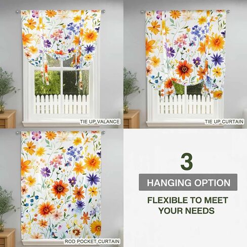 Spring Wildflowers Tie Up Curtains for Window, Leaves Pastoral Botanical Country Thermal Insulated Balloon Shade Adjustable Rod Pocket Curtains Valance Panels for Kitchen Bathroom Café 46'' x 63'' in Saudi Arabia