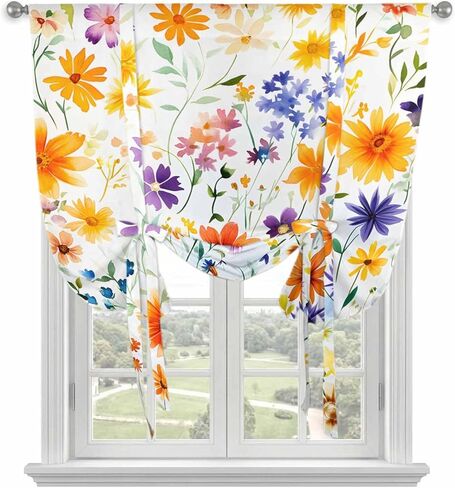 Spring Wildflowers Tie Up Curtains for Window, Leaves Pastoral Botanical Country Thermal Insulated Balloon Shade Adjustable Rod Pocket Curtains Valance Panels for Kitchen Bathroom Café 46'' x 63'' in Saudi Arabia