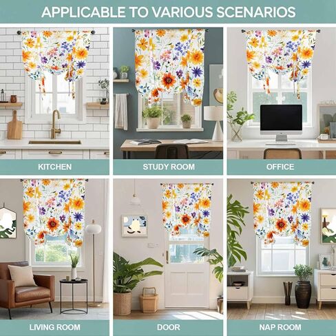 Spring Wildflowers Tie Up Curtains for Window, Leaves Pastoral Botanical Country Thermal Insulated Balloon Shade Adjustable Rod Pocket Curtains Valance Panels for Kitchen Bathroom Café 46'' x 63'' in Saudi Arabia