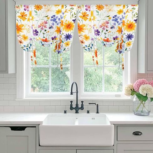 Spring Wildflowers Tie Up Curtains for Window, Leaves Pastoral Botanical Country Thermal Insulated Balloon Shade Adjustable Rod Pocket Curtains Valance Panels for Kitchen Bathroom Café 46'' x 63'' in Saudi Arabia