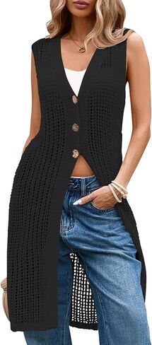 Cakulo Womens 2026 Sleeveless Summer Crochet Cardigans Beach Cover Up Boho Long Vest Tops Outfits Black XL in Kuwait