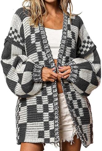 Mywinway سترة متقلب للنساء خريف شتاء عادية العصرية المتضخم مفتوحة الجبهة منقوشة سترة متماسكة سترة سترة in Kuwait