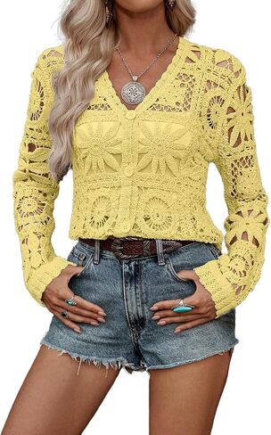 سترة نسائية مثيرة من LOFAAC بأزرار سفلية من الكروشيه وأكمام طويلة مفتوحة من الأمام وزهرة بوليرو قصيرة in Kuwait