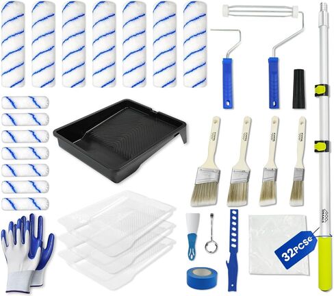 32PCS Paint Roller Kit with Extension Pole - 2 to 4 FT Pole, 4 inch 9 inch Paint Rollers, Paint Brushes for Walls, Painters Tape & Drop Cloth, Microfiber Roller Covers for Professional Painting in Saudi Arabia