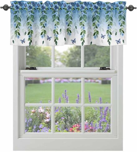Valance for Windows Blue Eucalyptus Leaf Floral Kitchen Curtains Valances Rod Pocket Boho Butterfly Farmhouse Flower Window Treatment Short Topper Curtains 1 Panel, 54x18 inch in Saudi Arabia