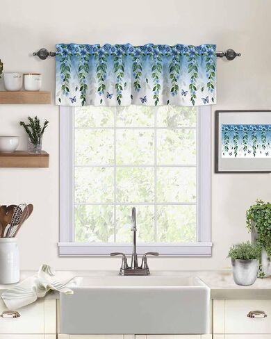 Valance for Windows Blue Eucalyptus Leaf Floral Kitchen Curtains Valances Rod Pocket Boho Butterfly Farmhouse Flower Window Treatment Short Topper Curtains 1 Panel, 54x18 inch in Saudi Arabia