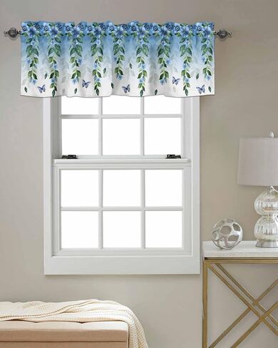 Valance for Windows Blue Eucalyptus Leaf Floral Kitchen Curtains Valances Rod Pocket Boho Butterfly Farmhouse Flower Window Treatment Short Topper Curtains 1 Panel, 54x18 inch in Saudi Arabia