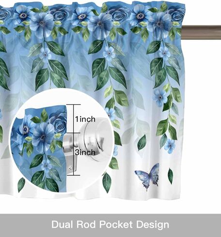 Valance for Windows Blue Eucalyptus Leaf Floral Kitchen Curtains Valances Rod Pocket Boho Butterfly Farmhouse Flower Window Treatment Short Topper Curtains 1 Panel, 54x18 inch in Saudi Arabia