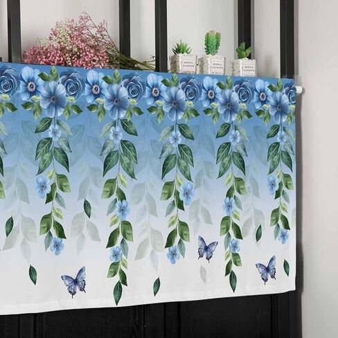 Valance for Windows Blue Eucalyptus Leaf Floral Kitchen Curtains Valances Rod Pocket Boho Butterfly Farmhouse Flower Window Treatment Short Topper Curtains 1 Panel, 54x18 inch in Saudi Arabia