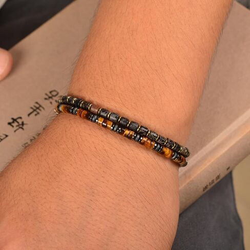 Men’s Beaded Gemstone Bracelet - Handcrafted Original Design Black Emperor Stone & Gold-Plated Hematite, Thickened Steel Wire, Dual-Clasp Adjustable 6.89–8.8 Inch, Perfect Holiday Gift for Men Everyday Wear in Kuwait