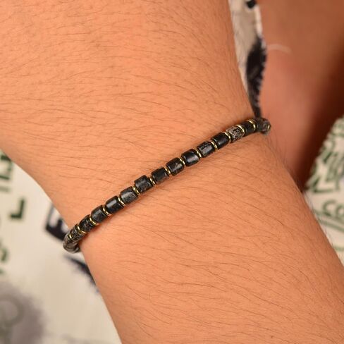 Men’s Beaded Gemstone Bracelet - Handcrafted Original Design Black Emperor Stone & Gold-Plated Hematite, Thickened Steel Wire, Dual-Clasp Adjustable 6.89–8.8 Inch, Perfect Holiday Gift for Men Everyday Wear in Kuwait