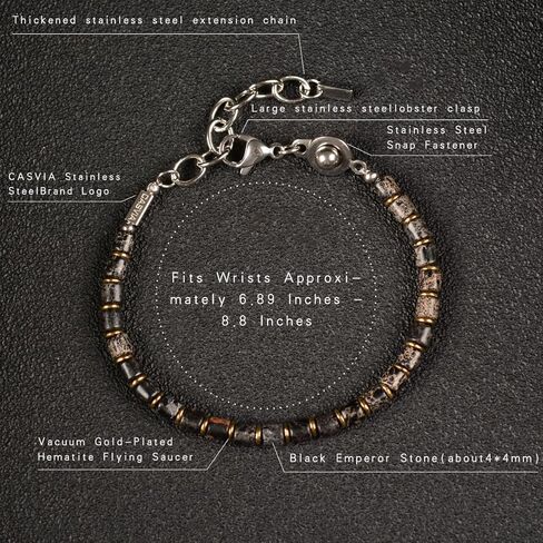 Men’s Beaded Gemstone Bracelet - Handcrafted Original Design Black Emperor Stone & Gold-Plated Hematite, Thickened Steel Wire, Dual-Clasp Adjustable 6.89–8.8 Inch, Perfect Holiday Gift for Men Everyday Wear in Kuwait