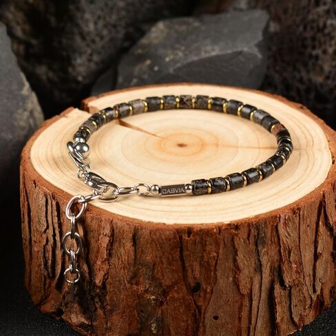 Men’s Beaded Gemstone Bracelet - Handcrafted Original Design Black Emperor Stone & Gold-Plated Hematite, Thickened Steel Wire, Dual-Clasp Adjustable 6.89–8.8 Inch, Perfect Holiday Gift for Men Everyday Wear in Kuwait