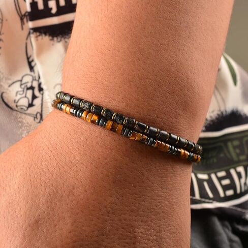Men’s Beaded Gemstone Bracelet - Handcrafted Original Design Black Emperor Stone & Gold-Plated Hematite, Thickened Steel Wire, Dual-Clasp Adjustable 6.89–8.8 Inch, Perfect Holiday Gift for Men Everyday Wear in Kuwait