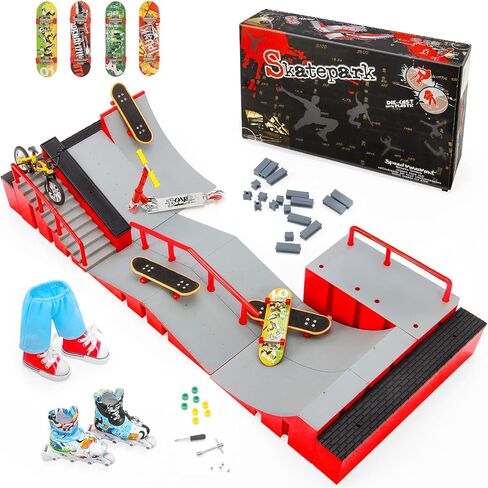 Fingerboard Skate Park Kit — 18 in 1 Finger Skateboard Toys with 13 Ramps 3 Mini Fingerboards Skateshoes & Mini Bikes, Extra Large Ultimate Training Props Interactive Game for Adults Kids 6+ in Kuwait