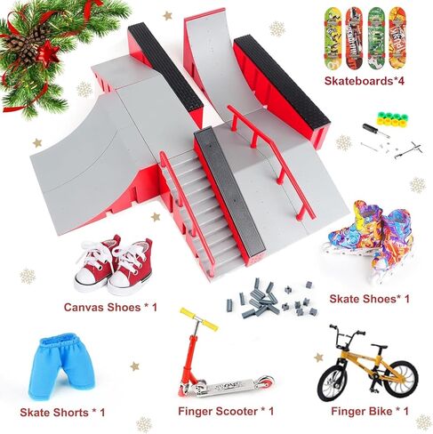 Fingerboard Skate Park Kit — 18 in 1 Finger Skateboard Toys with 13 Ramps 3 Mini Fingerboards Skateshoes & Mini Bikes, Extra Large Ultimate Training Props Interactive Game for Adults Kids 6+ in Kuwait