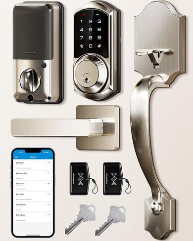 Veise VE06-H Smart Front Door Lock Set, App Control, Keyless Entry Deadbolt with Lever Handle, Electronic Digital Touchscreen Keypad, Auto Lock, Easy Install, Satin Nickel in Kuwait