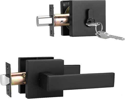 2 Pack Flat Black Square Entry Levers Locksets and Double Cylinder Deadbolts Combination Set, Heavy Duty Front Door Office Entrance Levers, Keyed Alike(All Same Keys) in Saudi Arabia