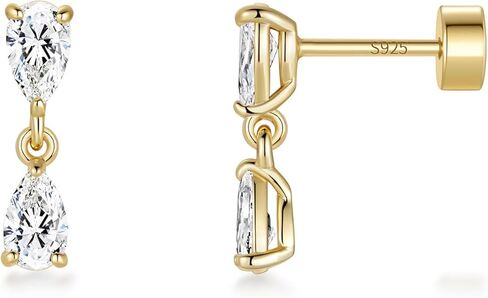 ASHINE 14K Gold Plated Dangle Flat Back Earrings | Sterling Silver Posts Dainty Double Stone Multi-Shape Earring | Tragus Cartilage Piercing Jewelry for Women in Kuwait