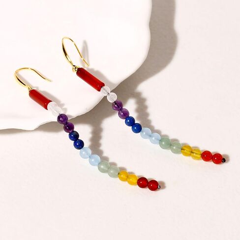Reiki 7 Chakra Long Drop Dangle Earrings for Women 925 Silver Gold Plated Colorful Crystal Earrings Meditation Yoga Relaxation Jewelry in Kuwait