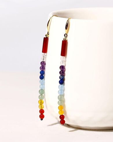 Reiki 7 Chakra Long Drop Dangle Earrings for Women 925 Silver Gold Plated Colorful Crystal Earrings Meditation Yoga Relaxation Jewelry in Kuwait
