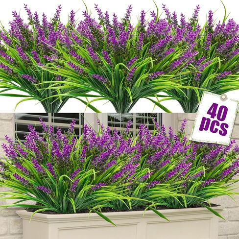 40 حزمة من النباتات الاصطناعية في الهواء الطلق العشب القرد وهمية مع زهور اللافندر البلاستيك الشجيرات الخضراء المقاومة للأشعة فوق البنفسجية لنافذة مربع الشرفة حديقة الفناء الديكور في الهواء الطلق (الأرجواني) in Kuwait